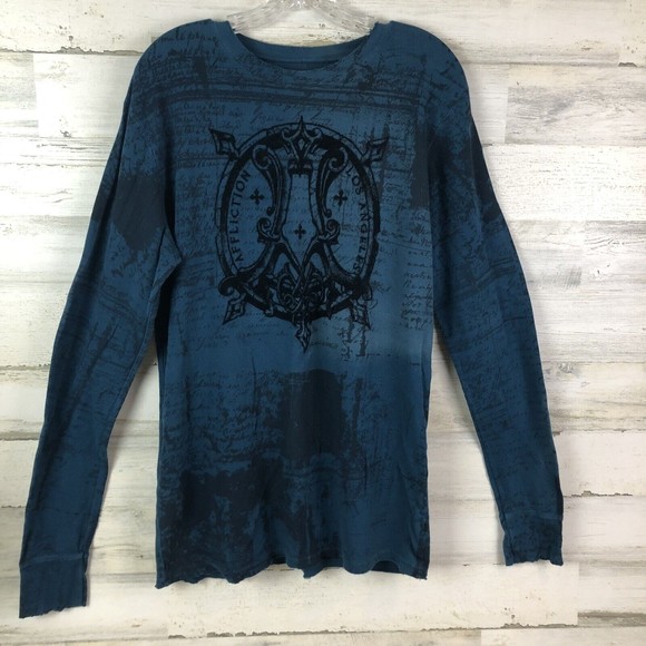Affliction Shirt Thermal Long Sleeve Blue Wings Distressed Flocked Mens Size XL - Picture 1 of 11